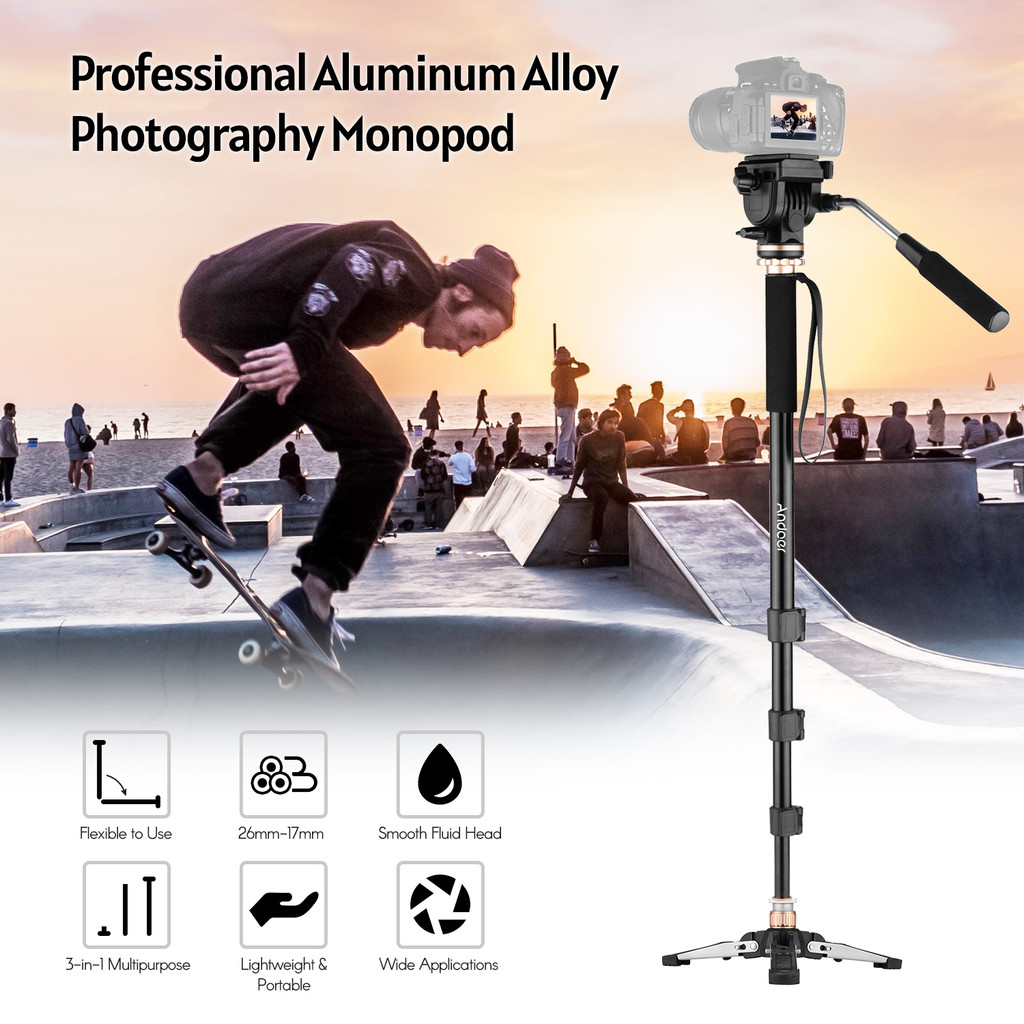 ท้องถิ่น Monopod Andoer 173 ซม./68 นิ้วการถ่ายภาพ Monopod ขาตั้งอลูมิเนียม 6 กก.ความจุที่ถอดออกได้ 3 ขาขาตั้งฐาน Pan Tilt Fluid หัวพกพากระเป๋าใช้งานร่วมกับ DSLR