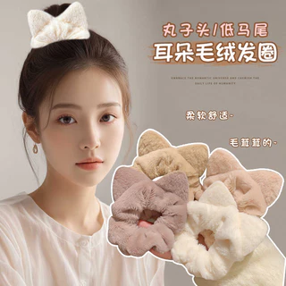 ฤดูใบไม้ร่วงฤดูหนาวหูแมวตุ๊กตา Scrunchy ผม Tie หางม้าสูงผูกผมเครื่องประดับผม