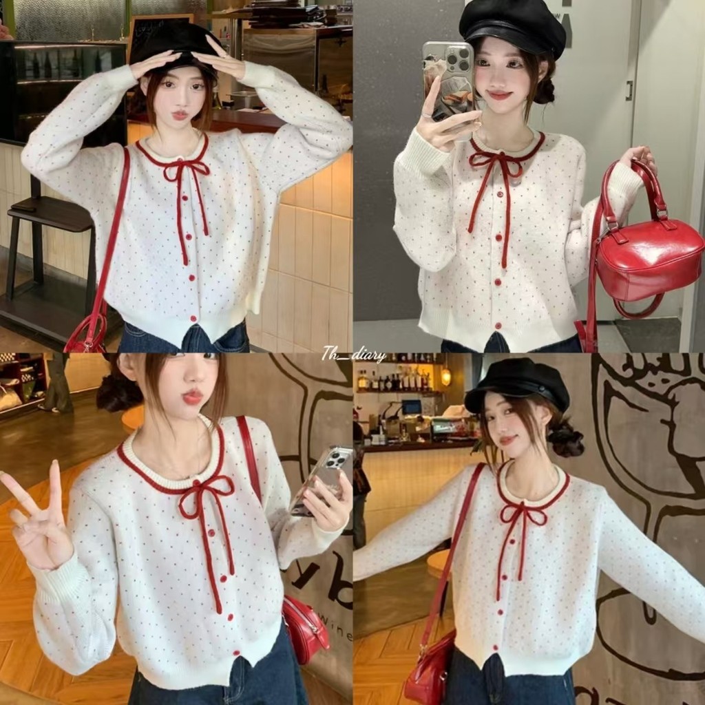 (พร้อมที่จะจัดส่งในกรุงเทพ) เสื้อไหมพรมผู้หญิง คอกลม ลายจุด แต่งโบว์ สไตล์เกาหลีสุดชิค-RR104