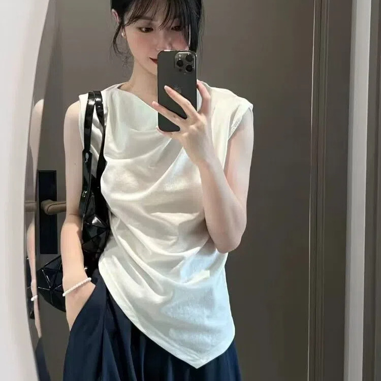 สีขาวไม่สม่ําเสมอเสื้อยืดผู้หญิงฤดูร้อนใหม่ Slim แขนกุดธรรมดา Topsa