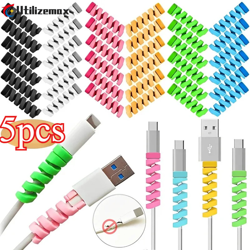 1/3/5PCS Universal Data Winder สายไฟสายเกลียวป้องกัน - โทรศัพท์ Android เมาส์หูฟังฝาครอบป้องกันสายไฟ