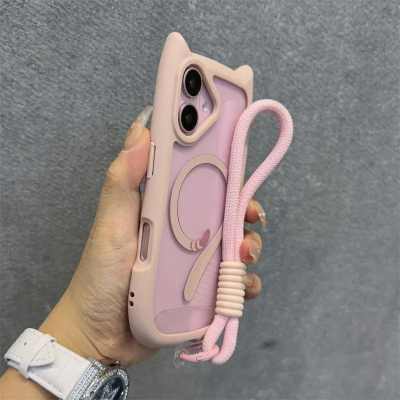 3D หูแมวน่ารักแม่เหล็กสําหรับ iPhone 11 12 13 14 15 16 Pro Max 16 Plus 16E แม่เหล็กโปร่งใส PC เกราะพร้อมสายรัดข้อมือโซ่