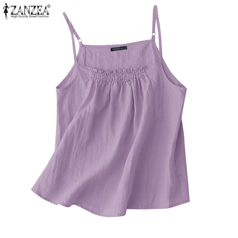 ZANZEA ซานเซีย ผู้หญิงสีทึบฤดูร้อนสบายๆจีบนัวเนียถังผ้าฝ้ายสด