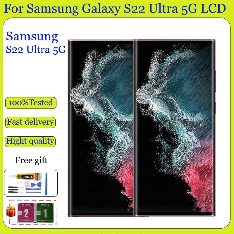 Original AMOLED สําหรับ Samsung Galaxy S22 Ultra 5G จอแสดงผล LCD หน้าจอสัมผัสพร้อมการเปลี่ยนกรอบ