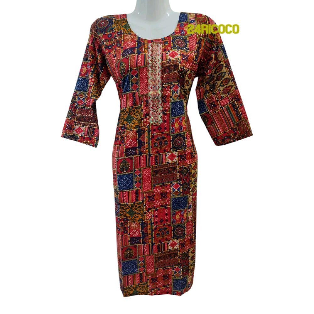 ผ้าฝ้ายเนื้อนุ่มพรีเมี่ยม kurtis สีสวย plus size ยาว kurti 3/4 sleeve print design คอกลม kurti top w