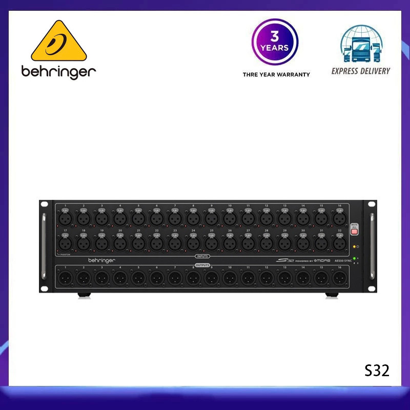 กล่อง Behringer S32 I/O พร้อม ปรีแอมป์ Midas ที่ควบคุมด้วยรีโมท 32 ช่อง, 16 เอาต์พุตและ AES50 จินตนา
