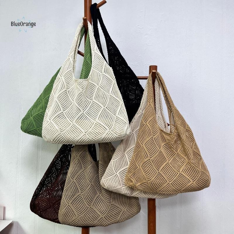 ใหม่ Vintage Hollow ถักทอ Top-handle Tote สีทึบ Hollow โครเชต์ กระเป๋าถือ กระเป๋าสะพายเดินทาง hot