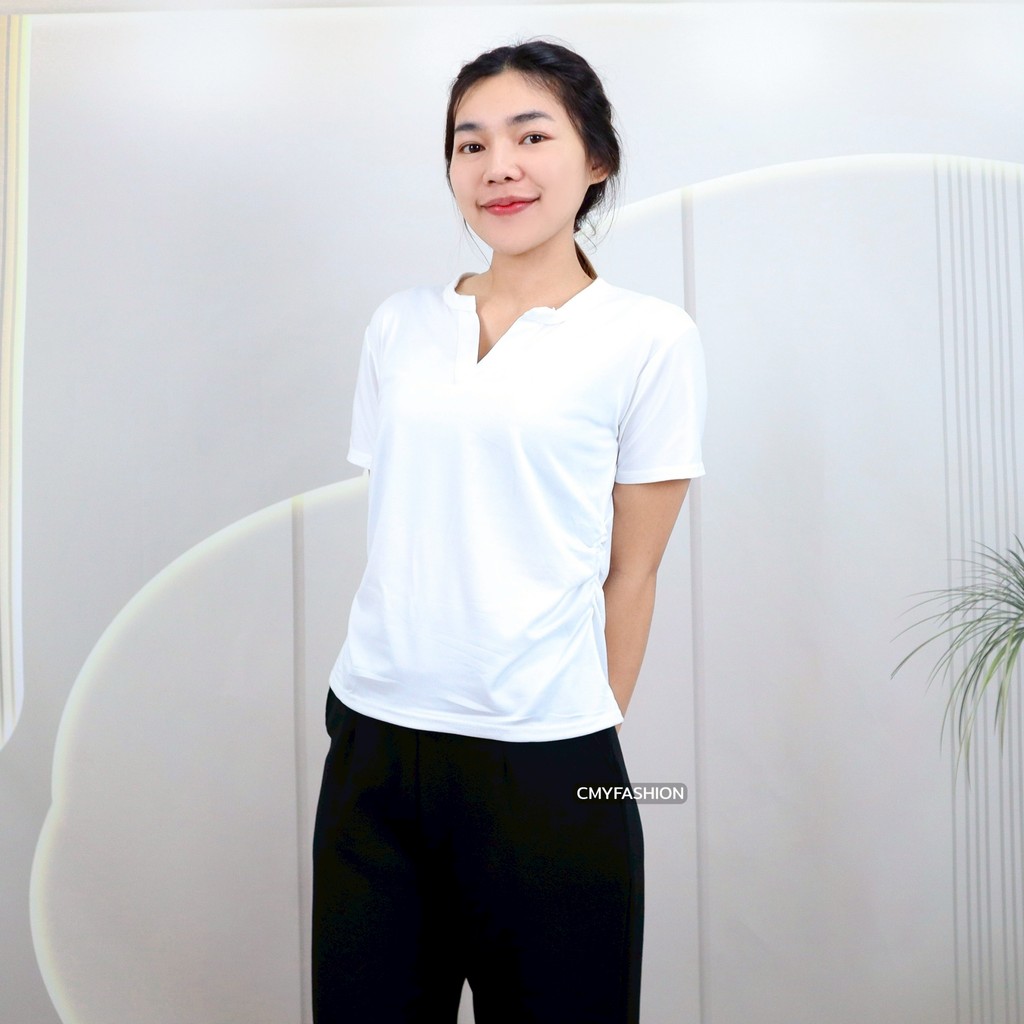 เสื้อยืดผู้หญิง คอวี แขนสั้น XL-4XL สีพื้น ดีเทลเอวจั้ม ผ้าคอตตอนผสม เนื้อผ้านิ่ม ดีไซน์ทรงสวย สาวอวบใส่ได้ t839# - รูปที่ 4