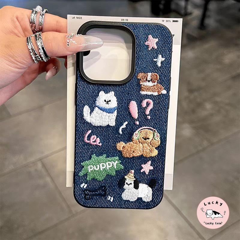 การ์ตูนน่ารักลูกสุนัขปักพื้นผิวหนังนุ่ม เคส IPhone 7Plus 17 16 11 14 13 12 15 Pro Max 7 8 16 15 14 Plus XR X XS Max Air