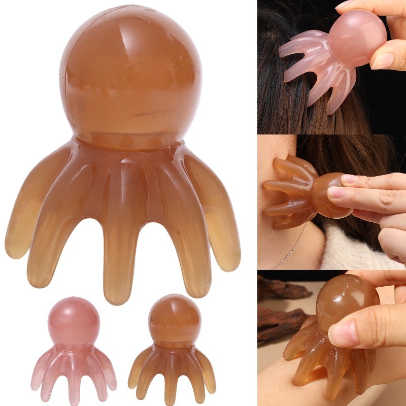 หวีกดจุดเหงือกธรรมชาติ 2 ชิ้น | Octopus Design Head Massage สําหรับคอและไหล่, เครื่องมือผ่อนคลายแบบพกพา (Tan/Gum)