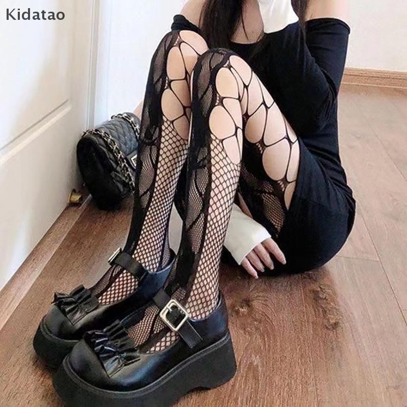 Kidatao Y2K แฟชั่นผู้หญิง Goth Punk เซ็กซี่ Cutg Damage Fishnet Leggings Pantyhose ถุงน่อง Hollow Out รูปแบบ Tights ถุงเท้าตาข่ายใหม่