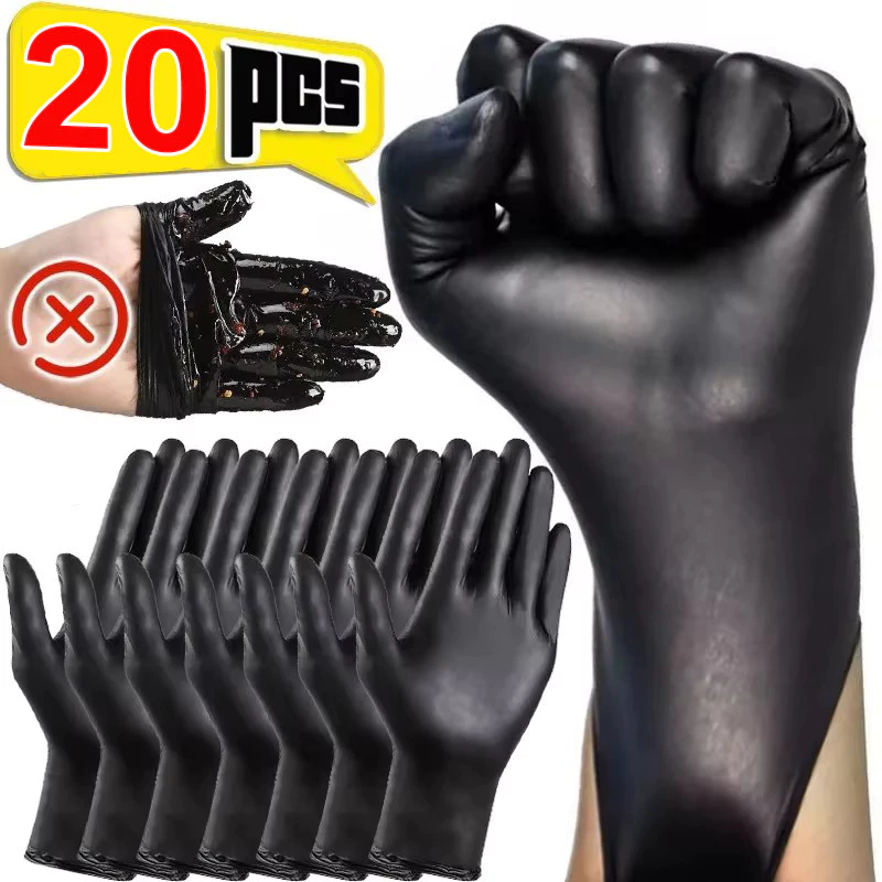 20ชิ้นสีดําน้ํายางถุงมือป้องกัน-ทิ้งลื่นพีวีซีถุงมือไนไตรล์กันน้ํา-สําหรับห้องครัวทําอาหารทํางานความปลอดภัยรถซ่อม