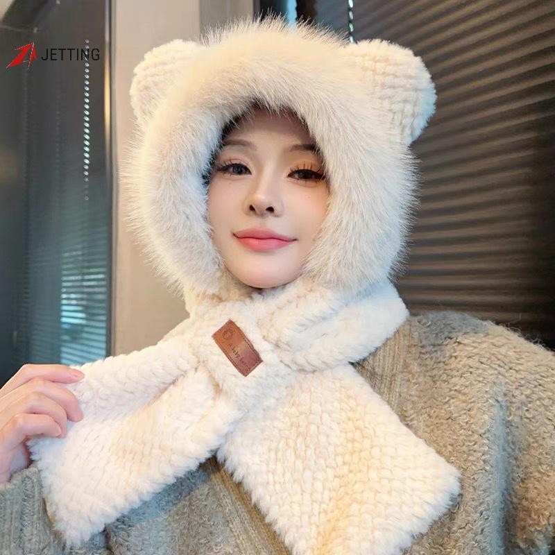 Jtth ฤดูหนาวน่ารักหมีหูหมวก Plush หูผ้าพันคออุ่นถุงมือชุดหมวกสําหรับผู้หญิงสาว Bonnet Femme JTT