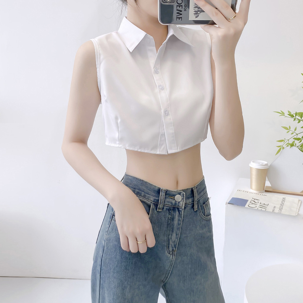 Hermarou เสื้อเชิ้ตผู้หญิงแขนกุดสีขาวผ้าบางสั้นสลิมท็อป - รูปที่ 3