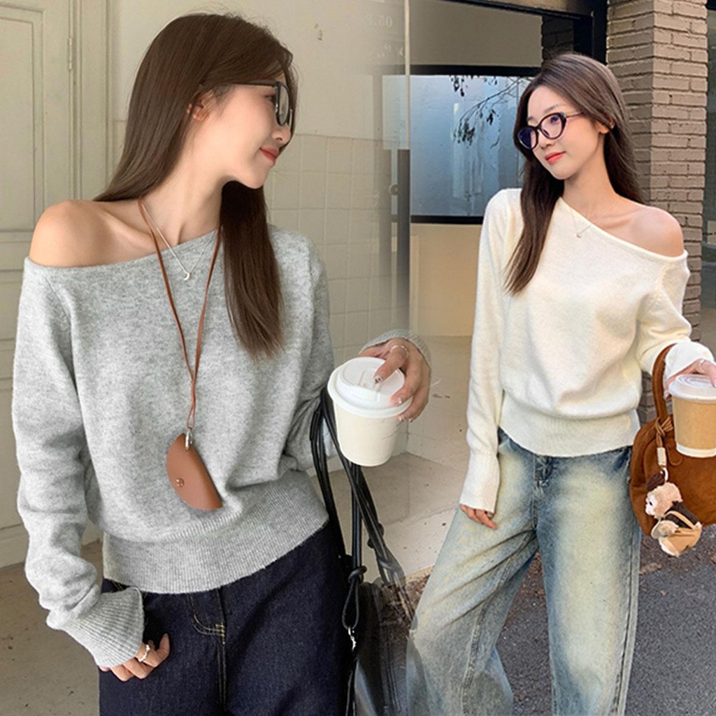 mimi&didi#เสื้อปาดไหล่ไหมพรมแขนยาว แฟชั่น สไตล์เกาหลีสไตล์เรียบง่ายและอ่อนโยน เสื้อครอปเซ็กซี่#X604