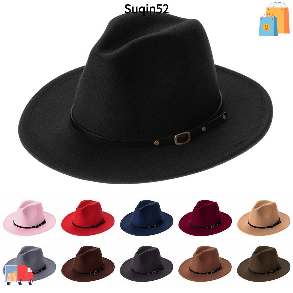 Suqin52 Felt Fedora หมวกวินเทจพร้อมหัวเข็มขัดหมวกคาวบอยปีกกว้าง