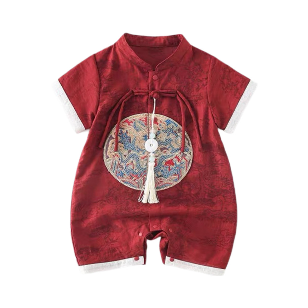 เสื้อผ้าเด็กแรกเกิดตรุษจีน Cheongsam Coft Cotton Romper บอดี้สูทสีแดง – สําหรับทารกเย็บปักถักร้อย Clthing ชุดสามชิ้น (0-24 เดือน)
