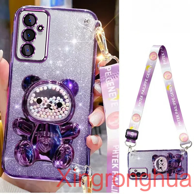SAMSUNG เคสโทรศัพท์สําหรับsamsung A16 A54 5G A55 5G A15 5G A34 A25 A24 A14 สายรัดข้อมือยาวสไตล์ที่มีสีสันลูกปัดหมีผู้ถือหรูหรานุ่มTpuเคสโทรศัพท์