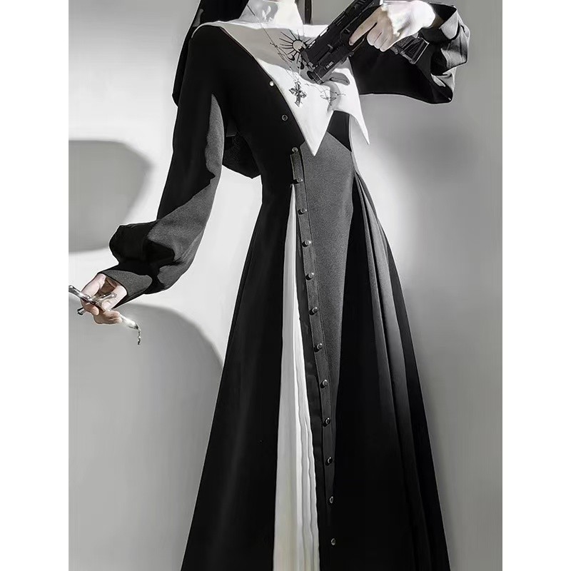 ญี่ปุ่นสีดําและสีขาวแม่ชี Dark Gothic Lolita ชุดทุกวันฮาโลวีนเครื่องแต่งกายคอสเพลย์ชุด