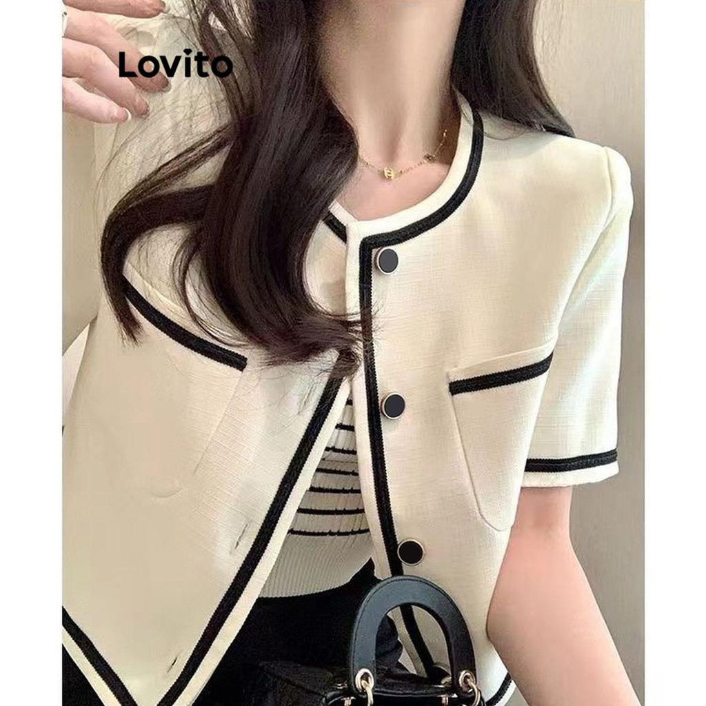 Lovito เสื้อแจ็คเก็ตลายเรียบๆสบาย ๆ สำหรับผู้หญิง LNA73435