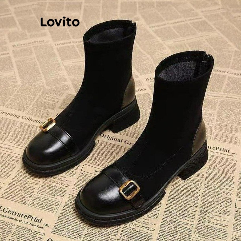 Lovito รองเท้าบู๊ทส์มาร์ตินส้นสูงแบบย้อนยุควินเทจเรียบง่าย ทรงสลิม ยืดหยุ่นได้ รองเท้าบูทแฟชั่นอเนกประสงค์สำหรับผู้หญิง LFA55337