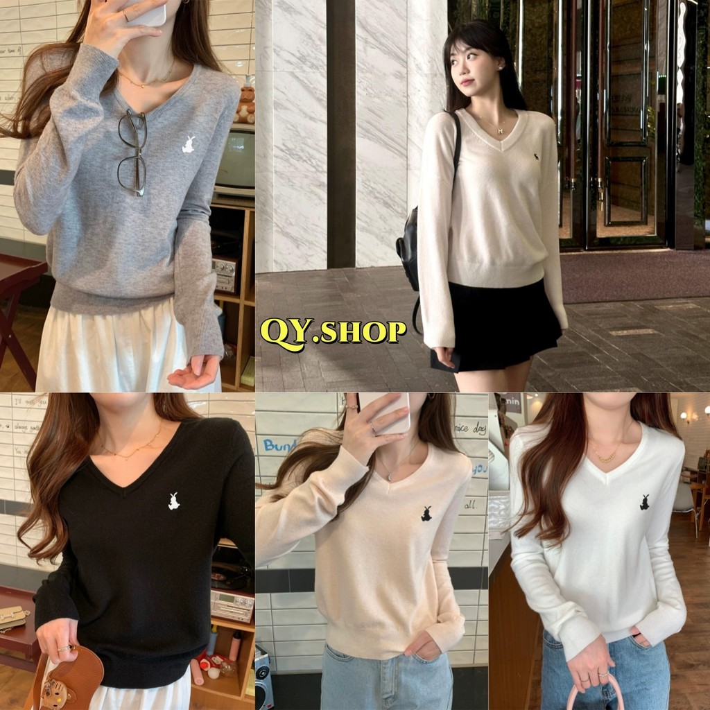 QY.Shop สินค้าราคาพิเศษ เสื้อแขนยาวไหมพรมน่ารักคาวาอี้ คอวี ปักอกลายกระต่าย สีสดใส "08068"