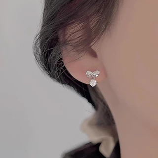 Jinjoo✨-S925-ต่างหูโบว์ รุ่น Crystal Bow Drop Earrings ดีไซน์น่ารัก (แป้นทับ925+แป้นจุกยาง) รหัส A22
