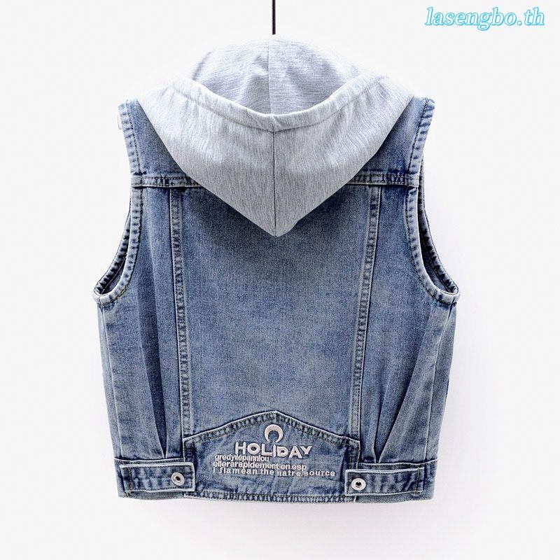 เสื้อกั๊กยีน มีฮู้ด ปักลาย สีพื้น สําหรับผู้หญิง