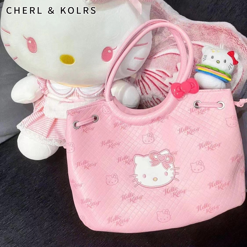 ค&เค กระเป๋าถือสุภาพสตรีน่ารักสีชมพู Hello Kitty ความจุขนาดใหญ่วินเทจสาวหัวใจกระเป๋าเดินทางกลางแจ้ง
