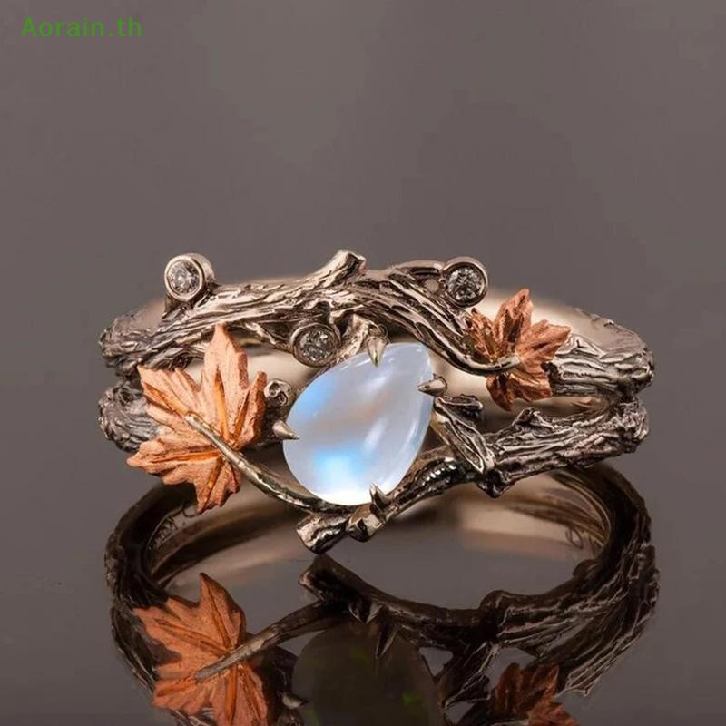 # Anth แฟชั่น # Vintage Antique Gold Twig le Leaf Moonstone แหวนสําหรับผู้หญิงสาวแหวนแสงเครื่องประดับอุปกรณ์เสริมของขวัญวันครบรอบ