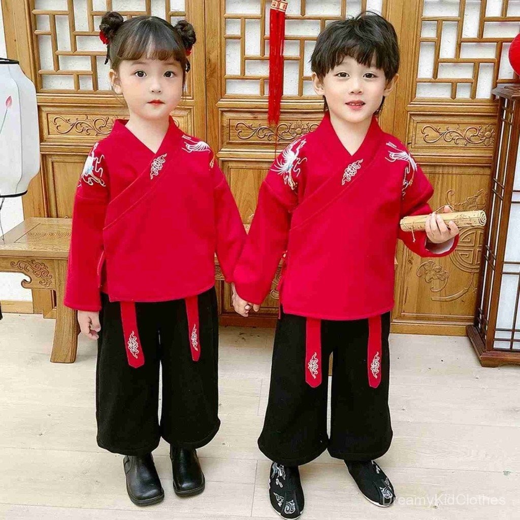 ชุด Hanfu สำหรับเด็ก CNY ชุดการแสดงสำหรับเด็กกลางและเล็กสไตล์จีนชุดการแสดงเต้นรำโบราณชุด Hanfu สำหรับเด็กชุดสองชิ้น