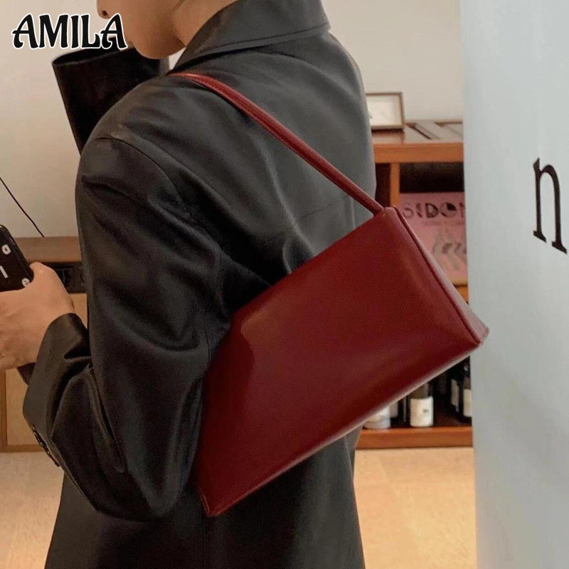 Amila Niche Red Retro Underarm Baguette Bag ใหม่ High Sense Fashion Commuter กระเป๋าสะพายมือถืออเนกประสงค์