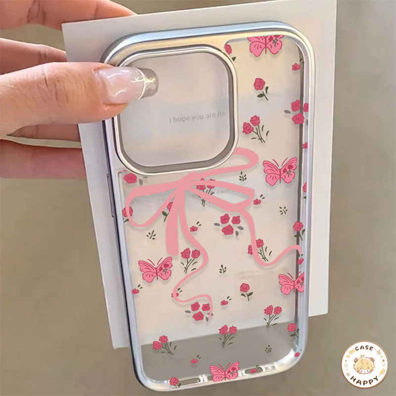 เคสไอโฟน 16 13 สำหรับ iPhone 15 11 14 12 Pro Max 16 8 7 14 15 Plus 7Plus XS X XR MAX SE 2020 ผีเสื้อโบว์ชมพูสุดโรแมนติก