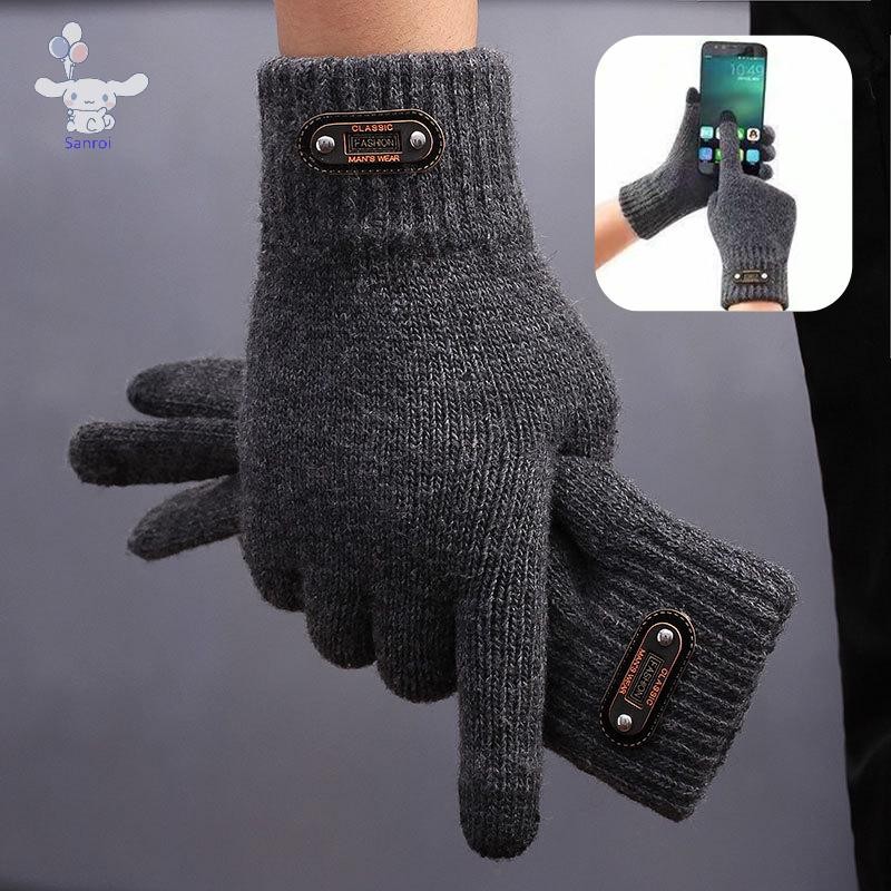 [ซาน] ผู้หญิงผู้ชายฤดูหนาวที่อบอุ่นหน้าจอสัมผัสถุงมือยืดคลาสสิกถักนวมขนสัตว์เต็มนิ้วกลางแจ้งขี่จักรยานขับรถถุงมือ โผล่