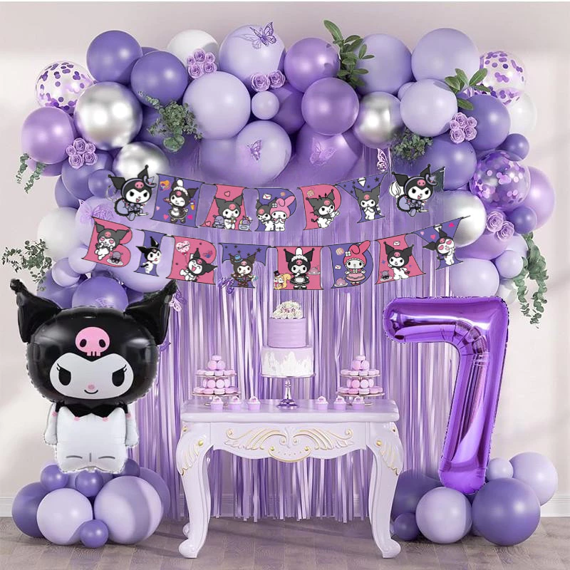 ชุดลูกโป่งคุโรมิ ชุดตกแต่งวันเกิด ลูกโป่งสีม่วง แบนเนอร์สุขสันต์วันเกิด การ์ตูน kuromi Girl Birthday Baby Shower Party ต้องการ