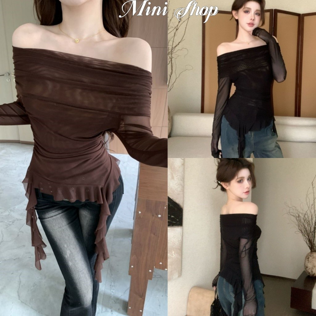 Mini shop🌸พร้อมส่ง🌸(FY2750）เสื้อเปิดไหล่แขนยาว ยืดใส่สบายมากสีพื้น ยืดตามตัว ปลายปล่อย