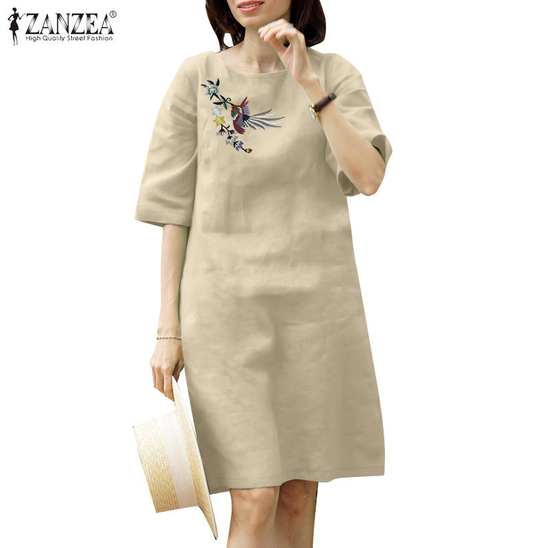 ZANZEA ใส่ ซานเซีย ผู้หญิงแฟชั่นเกาหลีกระเป๋าด้านข้างดอกไม้เย็บปักถักร้อย โอ-คอ ชุด