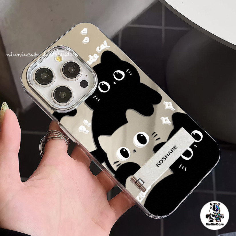 🚚COD🚚 เคส For iPhone 11 13 16 15 14 12 Pro Max เคสไอโฟน11 13 16 promax TPU Case รูปแบบแมวสีดำ กรณีโทรศัพท์มือถือชุบกระจก