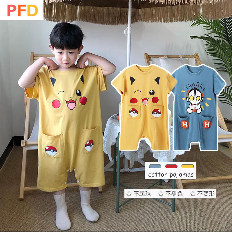 Pokemon Pikachu Ultraman ชุดนอนเด็กชาย Jumpsuit ผ้าฝ้ายแท้ฤดูร้อนแขนสั้น Kick-Proof Slee