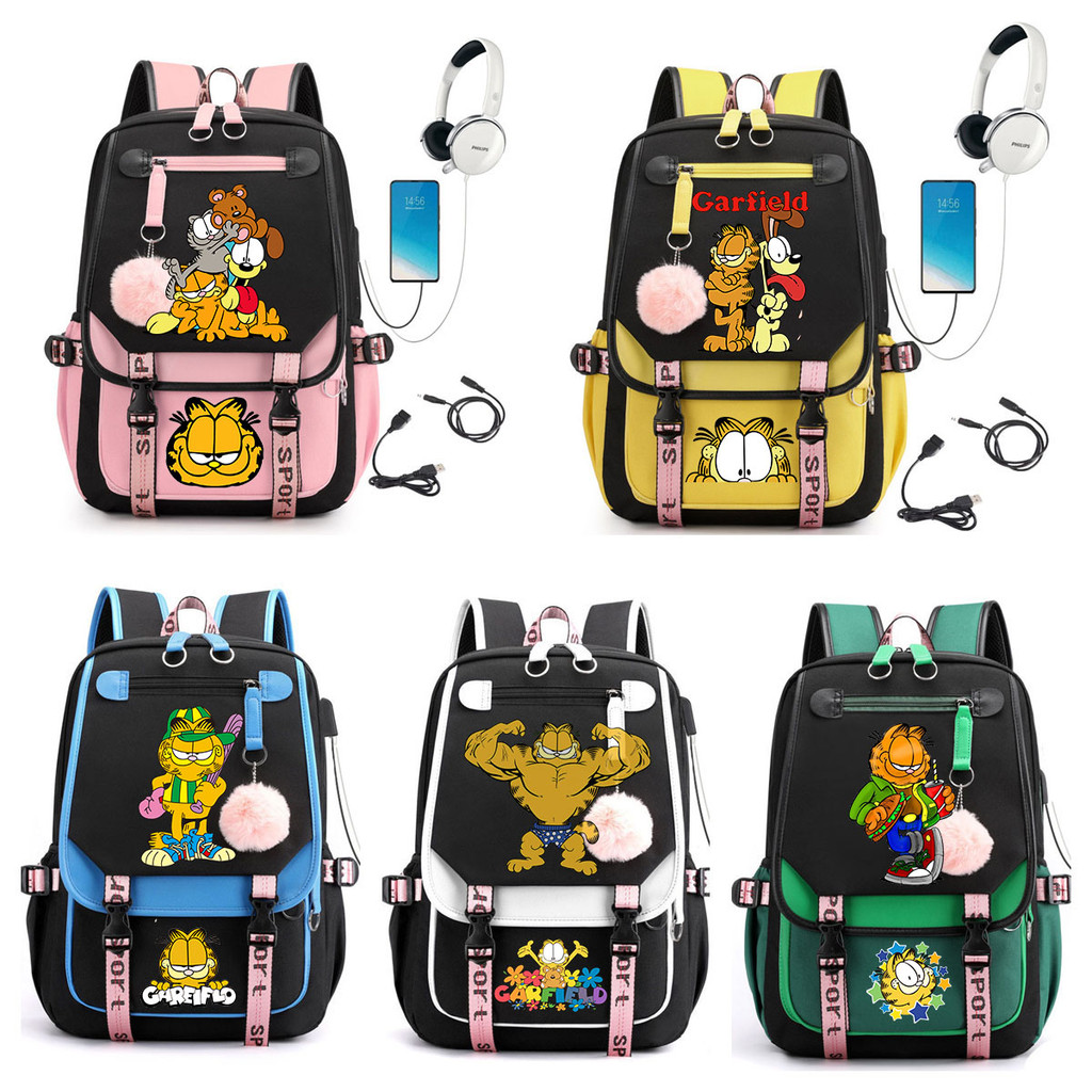 Anime Garfield Backpack Student School Bag Laptop Bagpack Travel Bag (อินเทอร์เฟซ USB และหูฟัง)