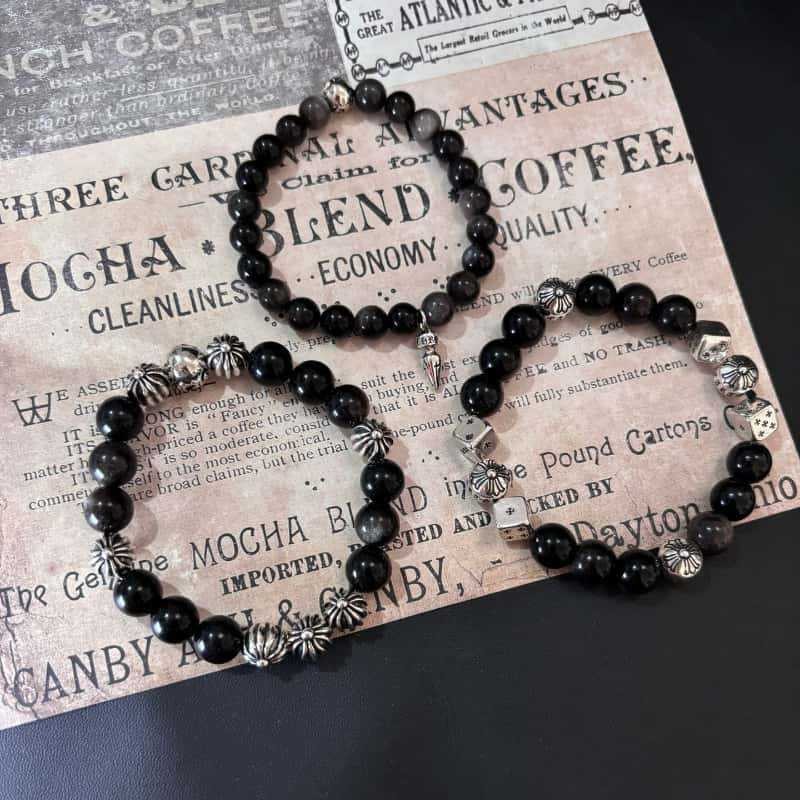 CH Silver 925 10 มม.8 มม. Obsidian Cross ดอกไม้ลูกเต๋าสร้อยข้อมือ Retro Punk Gothic Rock อุปกรณ์เสริม Street Hip Hop คู่เครื่องประดับของขวัญวันวาเลนไทน์ 2092
