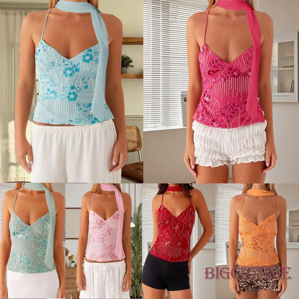 []-ผู้หญิงเปลือยเลื่อมลูกปัดดอกไม้เย็บปักถักร้อยคอวียกทรงกับผ้าพันคอเค้นคอ