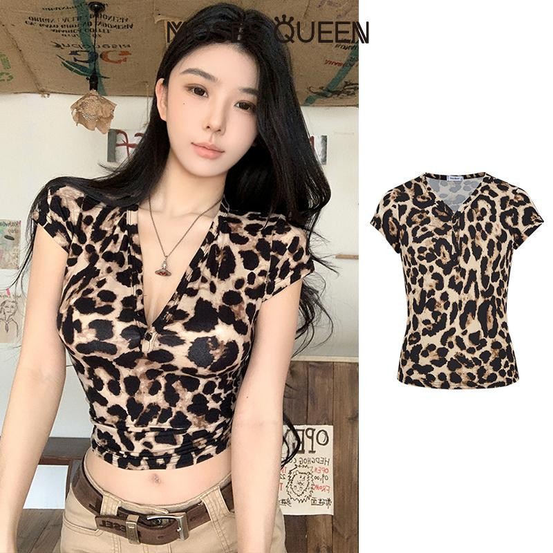 MOSESQUEEN Pure Desire เสื้อยืดแขนสั้นพิมพ์ลายเสือดาวเซ็กซี่สุภาพสตรี 2025 ฤดูร้อนใหม่ระเบิดอเมริกัน Spice Girl V คอปุ่ม Slim สั้นสะดือเสื้อ #62960