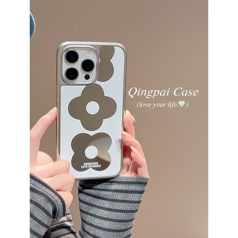 Huiwanju ดอกไม้กระจกสีขาวเหมาะสําหรับ iPhone16promax เคสโทรศัพท์มือถือ ip13 ใหม่ 15pro ผู้หญิง 14 สไตล์มินิมอลสร้างสรรค์เคสแข็งไฟฟ้า