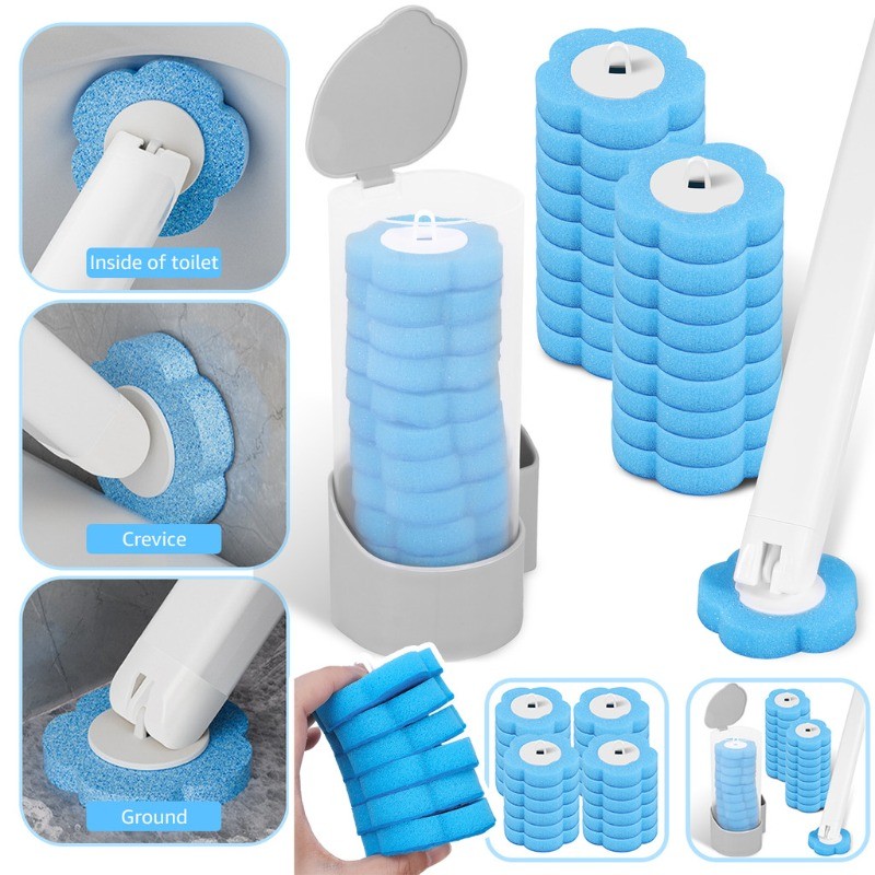 น้ํายาทําความสะอาดในครัวเรือนที่มีด้ามยาว-3ชั้นฟองน้ําทําความสะอาดโฟม-พร้อมหัวแปรงเปลี่ยนได้-แปรงห้องน้ําแบบใช้แล้วทิ้ง