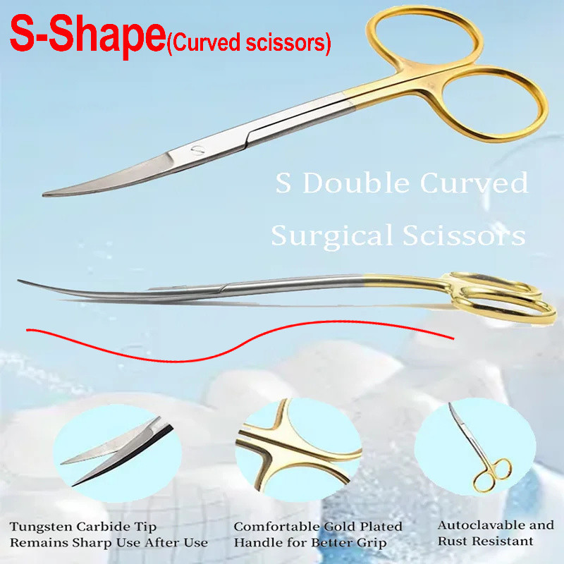 ทันตกรรมกรรไกรผ่าตัด S Double โค้งผู้ถือเข็ม Plier Gold Plated Handle Ophthalmic กรรไกรทันตแพทย์เครื่องมือ