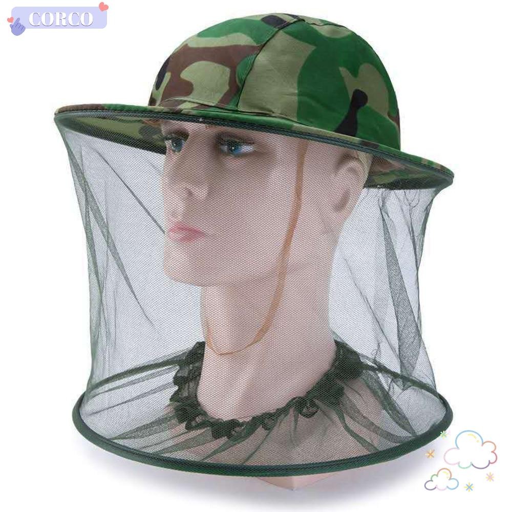 CORCO หมวกผ้ากอซ, Camo สีเหลือง 58 ซม.เส้นรอบวงศีรษะหมวกป้องกันใบหน้า, Camo สีเขียวป้องกันยุงหมวกการเลี้ยงผึ้งตกปลา