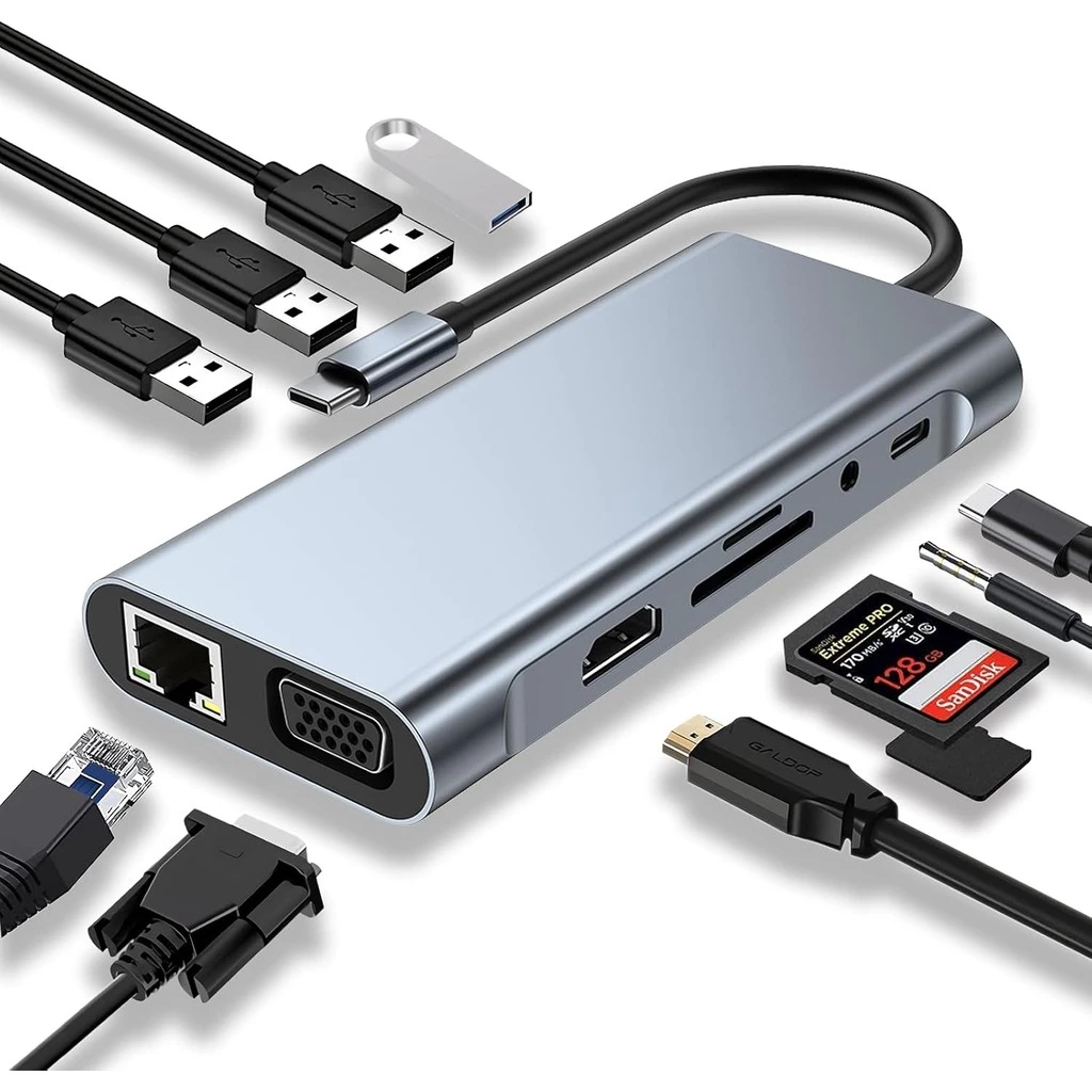 11 in 1 หลาย USB Hub 3.0 พอร์ตประเภท C Adaptor สําหรับ Macbook แล็ปท็อป HD PD Charger Audio VGA RJ45