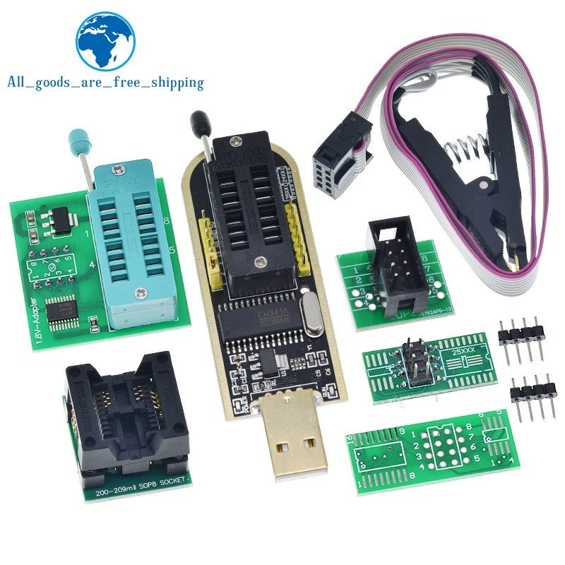 CH341A 24 25 Series EEPROM แฟลช BIOS USB โปรแกรมเมอร์โมดูล + SOIC8 SOP8 คลิปทดสอบ + อะแดปเตอร์ 1.8V + SOIC8 DIY KIT