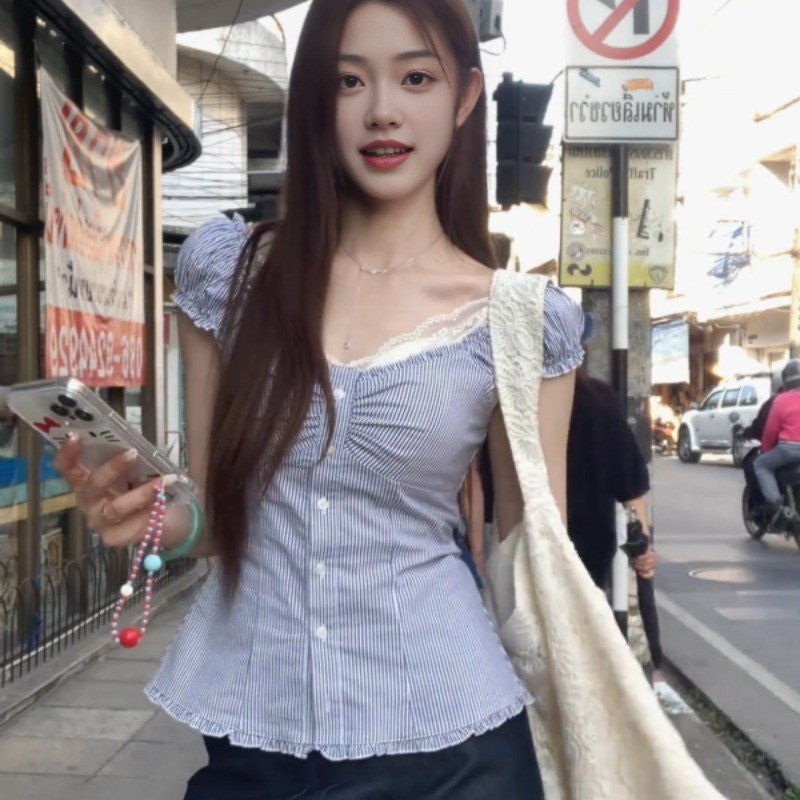 LINNAคอวี แถบ แขนสั้น เสื้อเชิ้ต เวอร์ชั่นเกาหลี รูปที่ 6